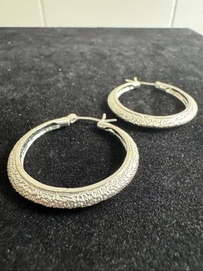 Silver-toned hoop earrings with textured sparkle finish surface.